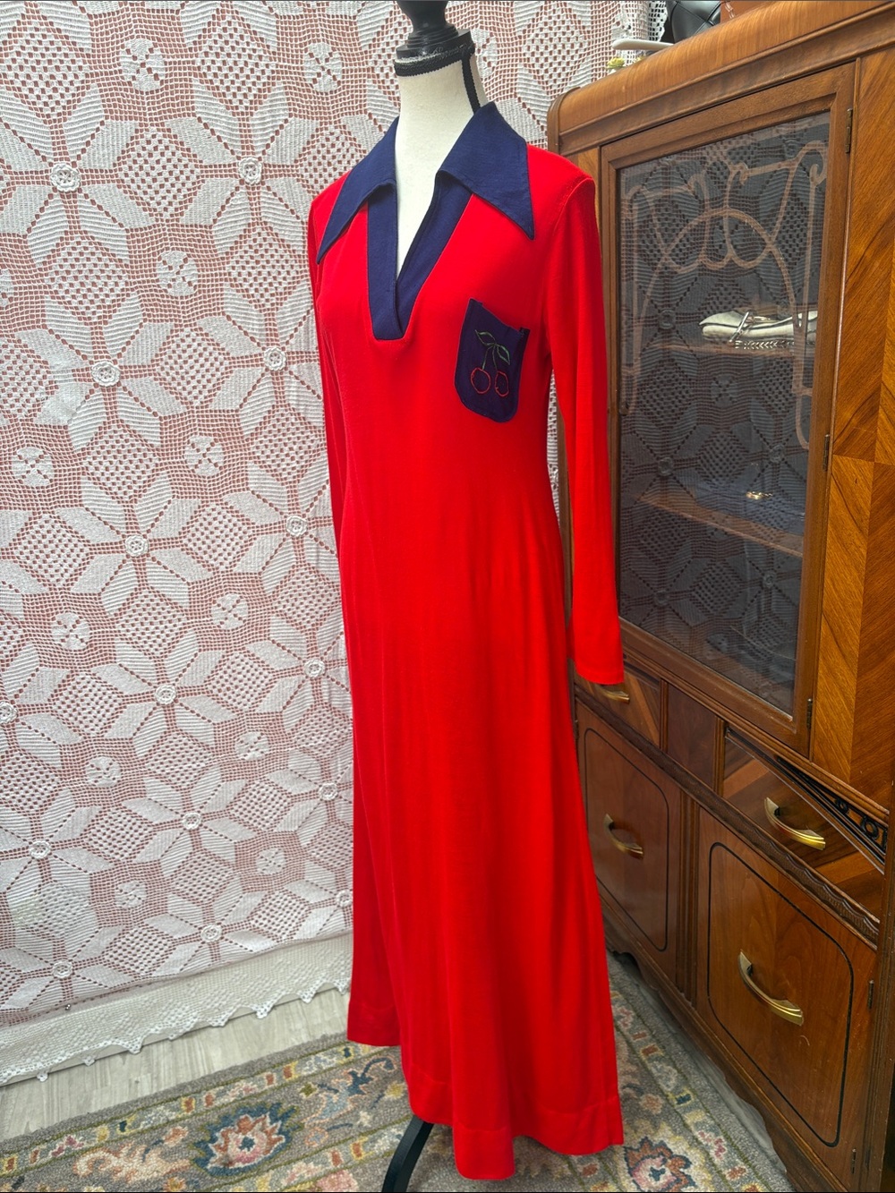 Women's Red Maxi Dress with Navy Collar - Picture 11 of 11